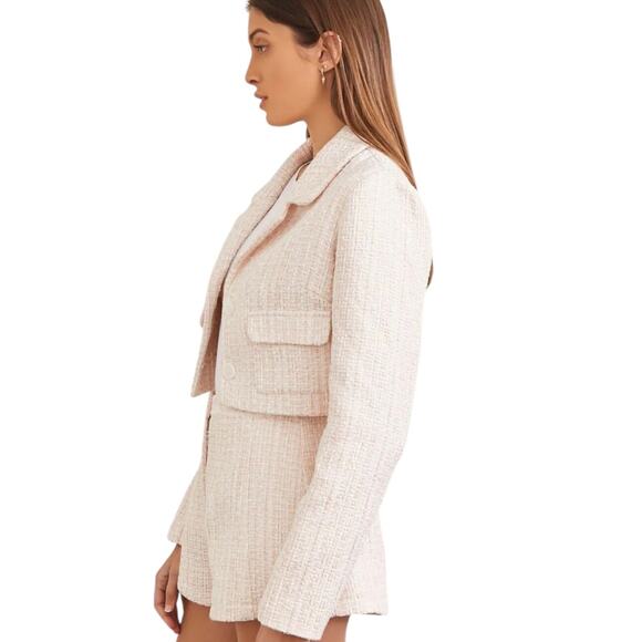 Forever 21 Blazer Women’s SZ S Pink Cream Gold Cropped Tweed Pocket Button Up - Picture 4 of 14